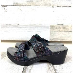 Dansko Womens 7.5 Black Rainbow Shimmer Sophie Strap Wedge Slip-On Casual Sandal